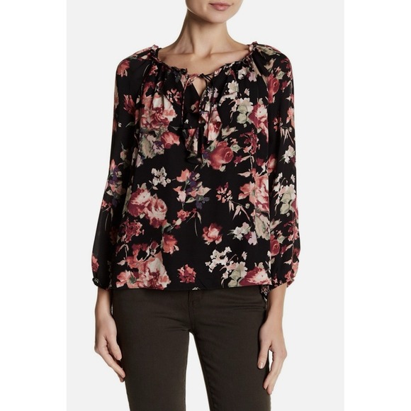 Joie Nadege Floral 100% Silk 3/4 Sleeve Ruffle Top Size Medium Caviar - Picture 1 of 10